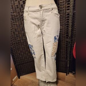 Women's Cream Cropped Pants with Floral Accents